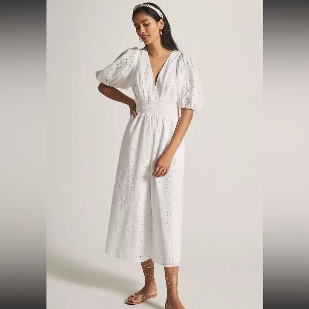 Anthropologie‎ Hutch Smocked-Waist Eyelet Jumpsuit SIZE S small white wide leg